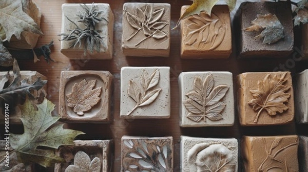 Obraz Nature-Inspired Handmade Soaps with Leaf Designs