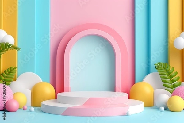 Fototapeta Pastel Paradise: A whimsical 3D rendering of a product display featuring a white podium, vibrant pastel colors, and playful shapes. Perfect for showcasing your products or branding.