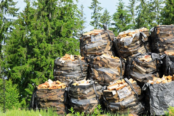 Obraz Stacks of cut and split firewood stored in large heavy-duty mesh bags with coniferous forest in the background.