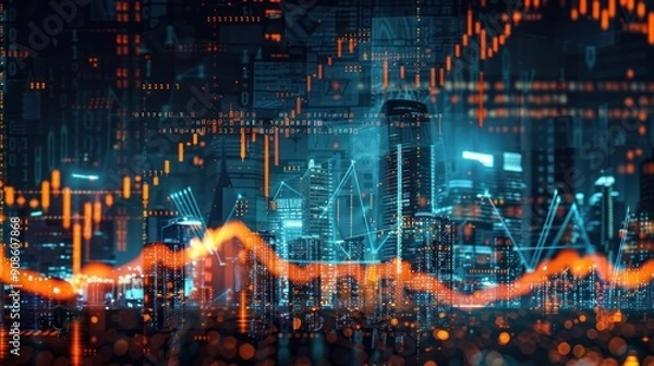 Fototapeta Computer screens in the office display candlestick charts of financial business reports and stock investment trading statistics.