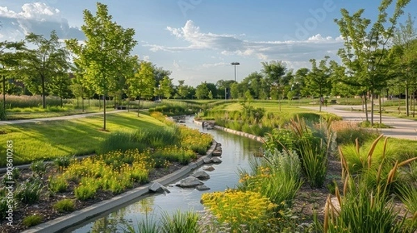 Fototapeta Sustainable City Park with Green Infrastructure for Stormwater Management and Urban Heat Reduction