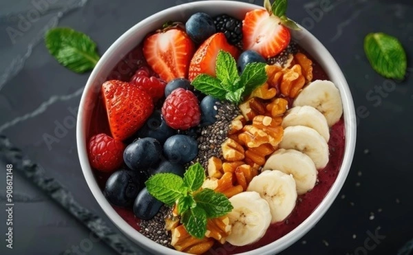 Fototapeta Vibrant fruit bowl filled with berries, banana, nuts, and mint leaves on a dark slate surface, perfect for a healthy lifestyle.