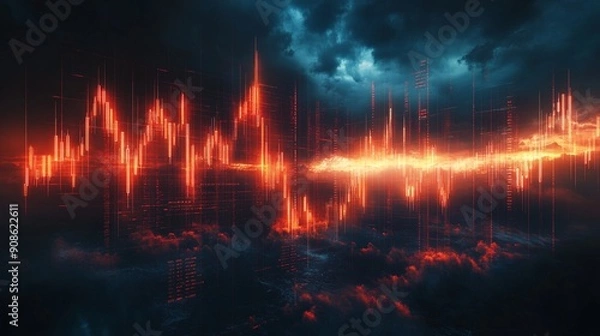 Obraz 暴落した株式相場：下落する赤い株価チャートと暗雲の背景とコピースペース