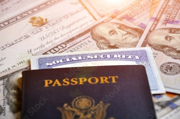 Obraz Social Security Card and US Citizen Passport. Documents, money.