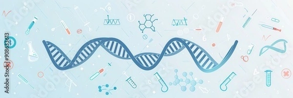 Fototapeta A double helix DNA strand is surrounded by various medical icons, including microscopes, test tubes, and stethoscopes, illustrating genetic research. Generative AI