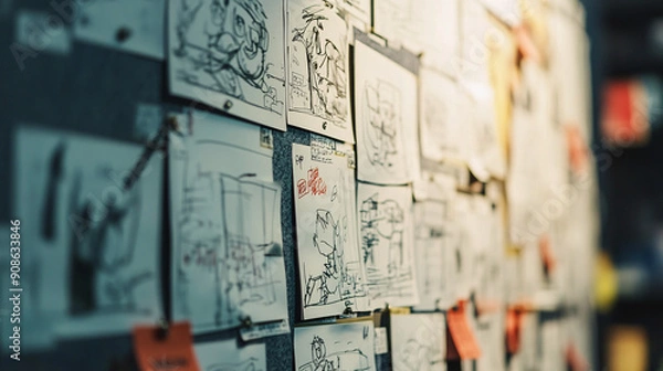 Fototapeta Photography of a close-up of a cartoon writer's storyboard pinned on a wall, with 4K resolution highlighting the detailed sketches and narrative flow 