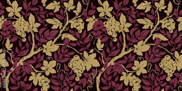 Fototapeta Traditional pattern with grape vine and rosehip branches with flowers. Seamless pattern, botanical background, vector illustration, freehand drawing.	