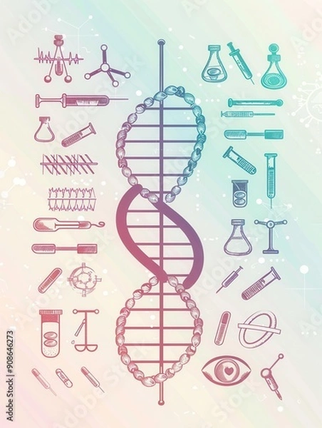 Fototapeta A double helix DNA strand is illustrated among various medical icons like test tubes and microscopes, showcasing the intersection of science and health. Generative AI