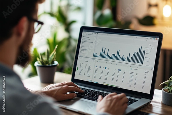 Fototapeta SEO Specialist Conducting Keyword Research: Digital Marketing Professional Analyzing Data on Laptop. Strategic Online Optimization Expert Enhancing Website Visibility and Search Engine Rankings.