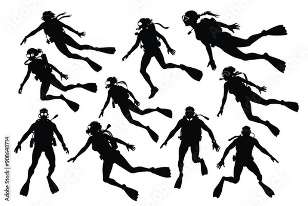 Obraz man and female diver silhouette set