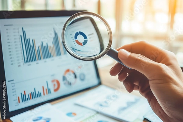 Fototapeta SEO Concept: Digital Marketer Analyzing Backlink Profiles with Advanced Tools. Professional Strategist Optimizing Website Performance and Search Engine Rankings through Data-Driven Link Building Tech.