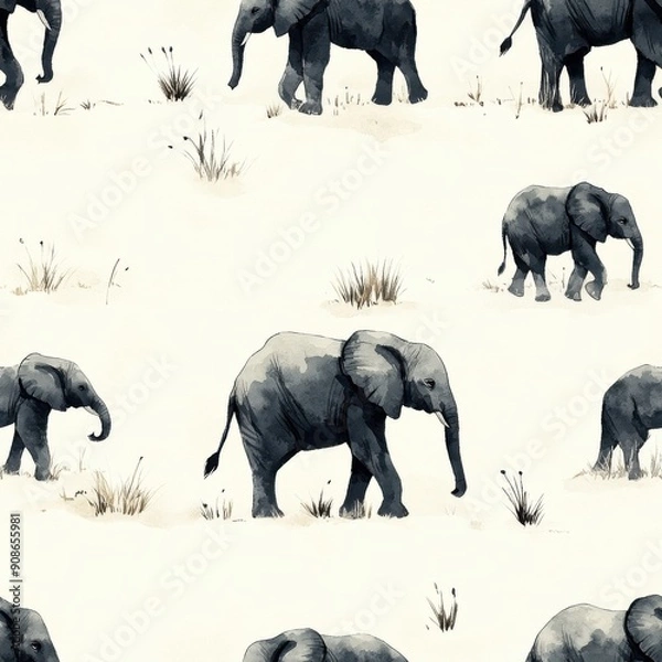 Fototapeta Watercolor savannas and elephants seamless repeating pattern, minimal pattern, high contrasty 