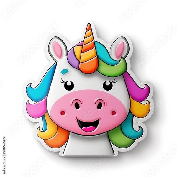 Fototapeta A colorful and whimsical image of a cute, pink unicorn emoji or character with a rainbow-colored mane and horn, featuring a cheerful and vibrant cartoon style, digital art, smiley face