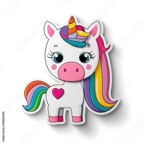 Fototapeta A cute cartoon unicorn with a rainbow-colored mane and tail, spiral horn, bright colors, heart-shaped cutie mark, sparkling eyes, smiling expression