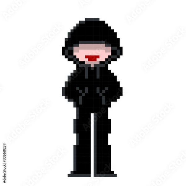 Obraz 黒パーカーのフードを深くかぶったハッカー風怪しい人のかわいいドット絵