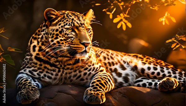 Fototapeta Leopard in a Calm and Relaxed Pose Close-Up During a Beautiful Sunset, Resting Gracefully on a Sunlit Rock