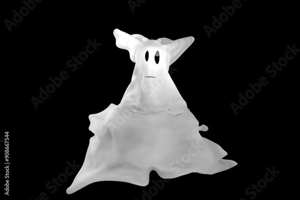 Obraz Cute funny scary Halloween white ghost isolated on black background.