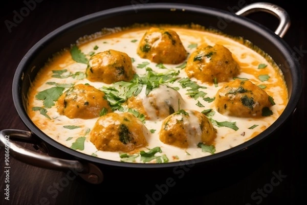Fototapeta malai kofta, showcasing cheese paneer and vegetable balls, deep-fried and served in a thick, creamy sauce