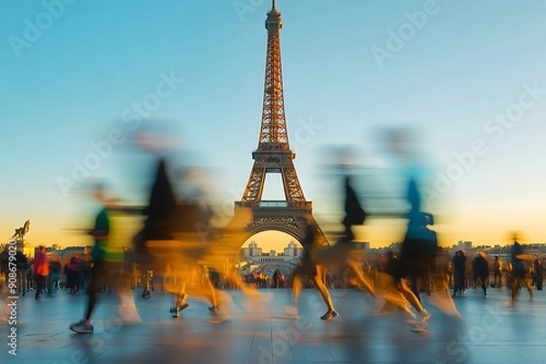 Obraz A dynamic image capturing people running in motion blur with the iconic Eiffel Tower in the background
