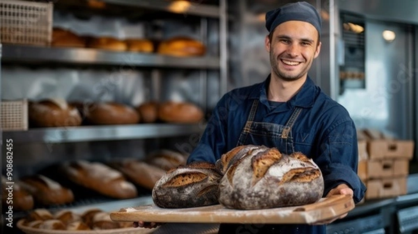 Fototapeta The baker with fresh bread
