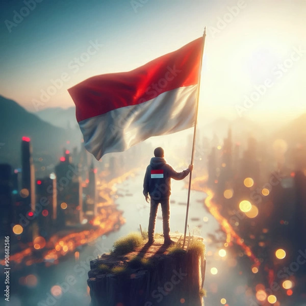 Obraz a man passionately holding an indonesian flag carrying the flag on the top of the mountain