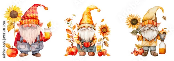 Fototapeta Set of Kawaii Gnome in autumn attire with sunflower and apple cider clipart isolated on transparent background
