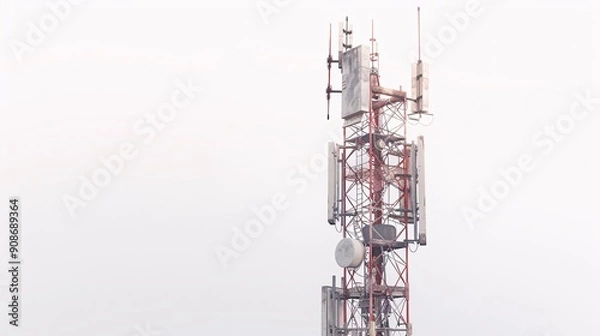 Fototapeta Clear and detailed image of a telecommunication tower with 5G antennas, isolated against a white background, in 32k UHD with focus stacking, showing all components with high clarity
