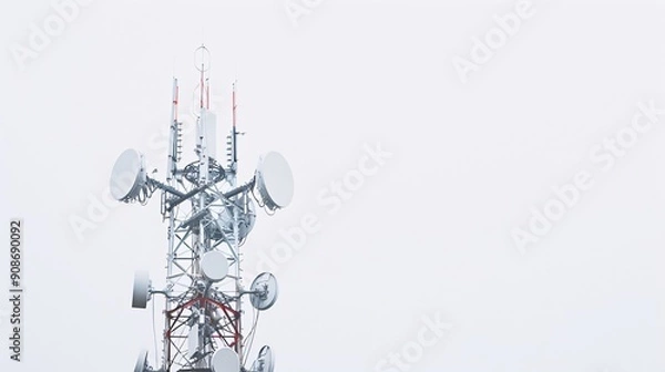 Obraz Sharp and detailed photo of a telecommunication tower with 5G antennas, isolated on a white background, in 32k UHD with focus stacking, highlighting every element with precision