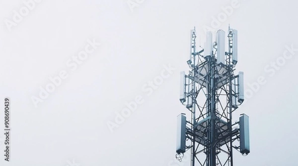 Fototapeta Sharp and detailed photo of a telecommunication tower with 5G antennas, isolated on a white background, in 32k UHD with focus stacking, highlighting every element with precision
