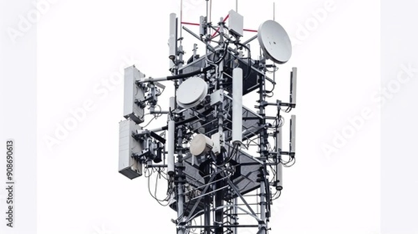 Fototapeta High-resolution image of a 5G telecommunication tower, isolated on a white background, photographed in 32k UHD with focus stacking, emphasizing the fine details and clarity of the antennas