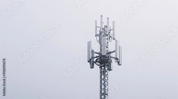 Fototapeta High-resolution image of a 5G telecommunication tower, isolated on a white background, photographed in 32k UHD with focus stacking, emphasizing the fine details and clarity of the antennas