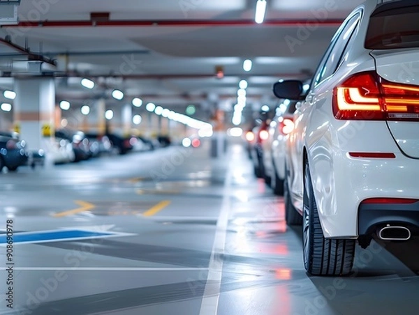 Fototapeta Spacious and Bright Underground Parking Garage with Clear Spaces and Modern Lighting