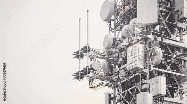 Obraz Detailed 32k UHD photo of a telecommunication tower with 5G antennas, isolated on a white background, showcasing high-detail focus stacking to capture every intricate part