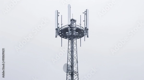 Obraz Ultra-high-definition image of a telecommunication tower, equipped with 5G antennas, isolated on a white background, captured in 32k UHD with focus stacking, ensuring maximum detail and clarity