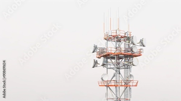 Obraz Ultra-high-definition image of a telecommunication tower, equipped with 5G antennas, isolated on a white background, captured in 32k UHD with focus stacking, ensuring maximum detail and clarity