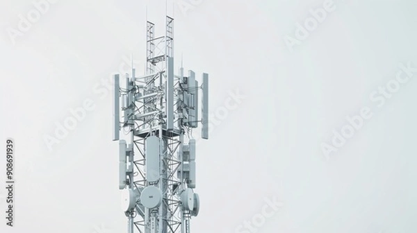 Fototapeta High-resolution image of a telecommunication tower with 5G cellular antennas, isolated on a white background, captured in 32k UHD with focus stacking, showcasing intricate details
