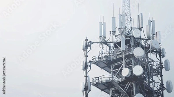 Obraz High-resolution image of a telecommunication tower with 5G cellular antennas, isolated on a white background, captured in 32k UHD with focus stacking, showcasing intricate details