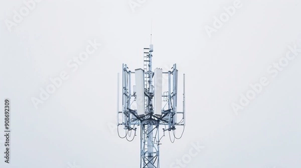 Fototapeta High-resolution image of a telecommunication tower with 5G cellular antennas, isolated on a white background, captured in 32k UHD with focus stacking, showcasing intricate details