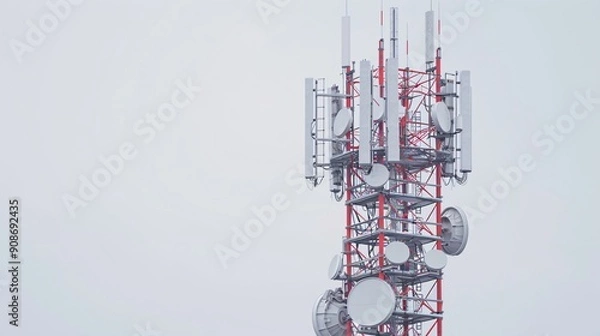 Fototapeta Detailed shot of a telecommunication tower featuring 5G mobile internet antennas, isolated on a clean white background, in 32k UHD with focus stacking, emphasizing high clarity