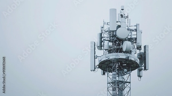Obraz Detailed shot of a telecommunication tower featuring 5G mobile internet antennas, isolated on a clean white background, in 32k UHD with focus stacking, emphasizing high clarity