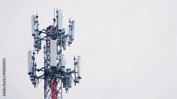 Obraz Detailed shot of a telecommunication tower featuring 5G mobile internet antennas, isolated on a clean white background, in 32k UHD with focus stacking, emphasizing high clarity