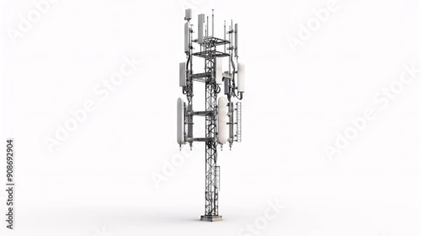 Obraz Isolated image of a telecommunication tower equipped with 5G cellular antennas, photographed in 32k UHD with focus stacking, showcasing sharp details and clarity on a white background