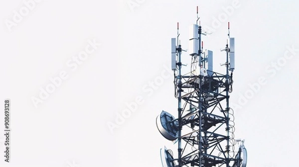 Obraz Isolated image of a telecommunication tower equipped with 5G cellular antennas, photographed in 32k UHD with focus stacking, showcasing sharp details and clarity on a white background