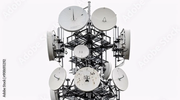 Obraz High-definition photo of a telecommunication tower with 5G antennas, isolated on a white background, captured in 32k UHD with focus stacking, highlighting intricate details and precision