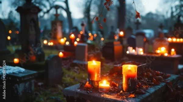 Fototapeta A solemn and traditional scene of lit candles in a cemetery with graves and tombstones. A calm and reflective image about transience.