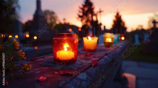 Fototapeta A solemn and traditional scene of lit candles in a cemetery with graves and tombstones. A calm and reflective image about transience.