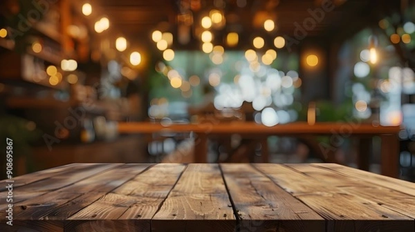 Obraz Wooden Tabletop with Blurred Cafe Background