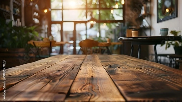 Fototapeta Rustic Wooden Table in a Cozy Cafe