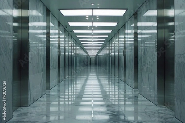 Fototapeta Symmetrical High-Rise Office Corridor. A long, perfectly symmetrical hallway with mirrored walls on both sides, polished marble floors, and evenly spaced modern light fixtures on the ceiling. 