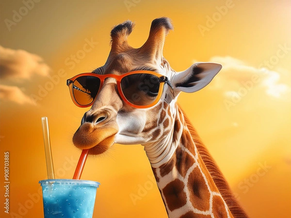 Obraz a giraffe with sunglasses while drinking a drink with a straw